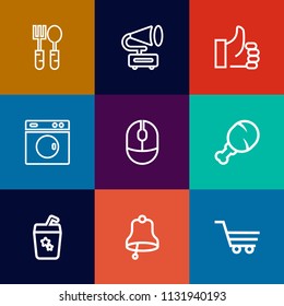 Modern, simple vector icon set on colorful flat backgrounds with fork, glass, trolley, technology, computer, click, up, music, equipment, success, restaurant, snack, dinner, spoon, retro, table icons