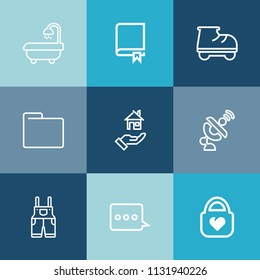 Modern, simple vector icon set on colorful blue backgrounds with literature, leather, paper, estate, bath, rent, bag, object, communication, book, white, wear, school, education, library, sign icons