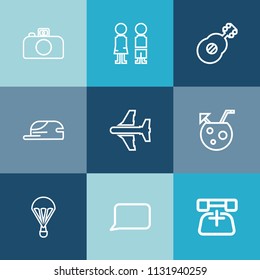 Modern, simple vector icon set on colorful blue backgrounds with jump, glass, photography, young, camera, cap, guitar, speech, female, hat, cocktail, digital, musical, happy, child, extreme, boy icons