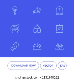Modern, simple vector icon set on blue background with air, nature, parachute, food, fly, jump, meal, cartoon, chicken, hand, sign, photo, antenna, character, television, frame, tent, tv, map icons