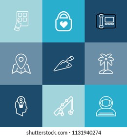 Modern, simple vector icon set on colorful blue backgrounds with accessory, digital, sport, style, fashion, technology, palm, fish, fishing, travel, device, mobile, location, science, astronaut icons
