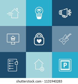 Modern, simple vector icon set on colorful blue backgrounds with speaker, property, road, electric, contract, object, lightbulb, online, musical, shine, street, loudspeaker, loud, transport, car icons