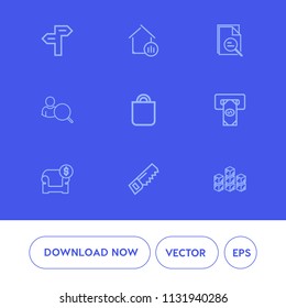 Modern, simple vector icon set on blue background with graph, arrow, people, business, web, saw, atm, cash, finance, sofa, sign, property, investment, house, storehouse, storage, road, estate icons