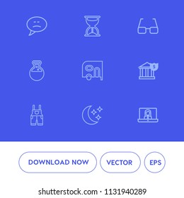 Modern, simple vector icon set on blue background with delivery, timer, countdown, uniform, call, equipment, bank, minute, technology, talk, star, hourglass, sky, speech, medicine, message, sand icons