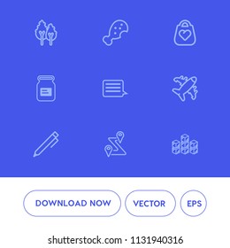 Modern, simple vector icon set on blue background with tin, aluminum, leather, tree, pencil, storage, industrial, road, storehouse, navigation, distribution, aircraft, warehouse, meal, wood, bag icons