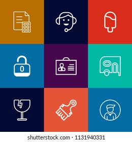 Modern, simple vector icon set on colorful flat backgrounds with woman, office, support, banking, security, financial, customer, computer, car, service, call, lock, unlock, van, dessert, cream,  icons