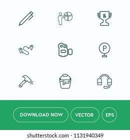 Modern, simple vector icon set on white background with construction, container, clean, support, award, map, camera, conference, car, microphone, pen, bucket, film, note, call, school, meeting icons
