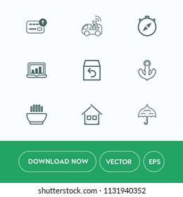 Modern, simple vector icon set on white background with cash, return, house, white, computer, home, architecture, car, hot, screen, currency, dinner, finance, rain, navigation, box, estate, boat icons