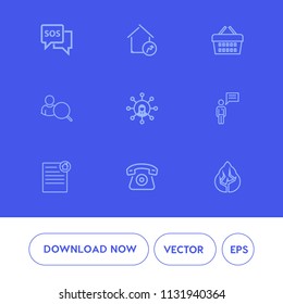 Modern, simple vector icon set on blue background with property, buy, document, emergency, house, basket, tree, contract, technology, mortgage, white, purchase, computer, business, sos, shop icons
