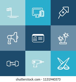 Modern, simple vector icon set on colorful blue backgrounds with name, speaker, announcement, finance, identity, payment, work, fitness, mexico, identification, ocean, backdrop, workout, card icons