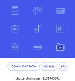 Modern, simple vector icon set on blue background with mathematics, tune, accounting, music, seminar, technology, lettuce, food, smartphone, photography, sign, presentation, hamburger, male,  icons