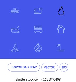 Modern, simple vector icon set on blue background with space, speed, ocean, mexico, sea, north, telephone, south, railway, cell, technology, transportation, business, beach, currency, launch icons