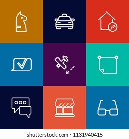 Modern, simple vector icon set on colorful flat backgrounds with chess, business, office, aircraft, car, transport, chessboard, increase, success, challenge, chat, game, eyeglasses, real, estate icons