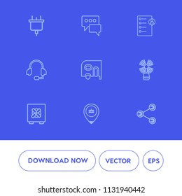 Modern, simple vector icon set on blue background with call, sign, energy, headset, bank, van, checklist, electric, chat, support, electricity, security, technology, share, lighthouse, work, job icons