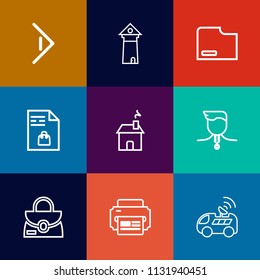 Modern, simple vector icon set on colorful flat backgrounds with gold, car, tourism, success, printer, france, object, bag, leather, fashion, next, notebook, travel, competition, navigation, web icons