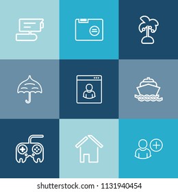 Modern, simple vector icon set on colorful blue backgrounds with surveillance, rain, file, home, tv, architecture, record, blank, sign, male, sea, estate, ocean, arrow, camera, road, security icons