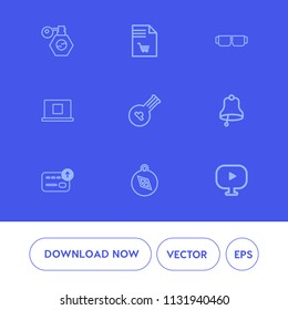 Modern, simple vector icon set on blue background with notebook, north, beauty, sunglasses, supermarket, bell, music, profile, store, media, market, money, sun, internet, cosmetic, glasses, pump icons