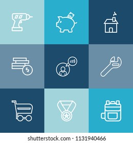 Modern, simple vector icon set on colorful blue backgrounds with construction, win, home, computer, backpack, prize, wrench, property, leather, window, reward, piggy, work, business, shop, buy icons
