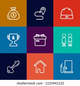 Modern, simple vector icon set on colorful flat backgrounds with investment, building, key, money, estate, award, route, cap, place, gas, bank, finance, lock, head, map, standing, first, road icons