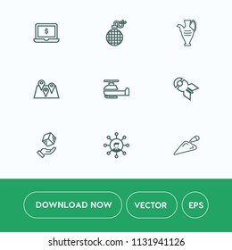 Modern, simple vector icon set on white background with cloud, communication, location, bomb, map, screen, explosion, package, laptop, jug, white, war, display, notebook, aviation, construction icons