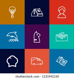 Modern, simple vector icon set on colorful flat backgrounds with horse, window, construction, location, travel, parachuting, internet, profile, air, chess, traffic, cook, keyboard, extreme, chef icons