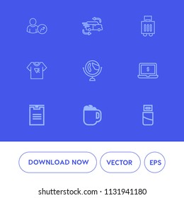 Modern, simple vector icon set on blue background with map, plug, delivery, luggage, bag, suitcase, world, truck, cafe, notebook, drink, technology, tshirt, transport, globe, web, fast, report icons