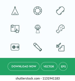 Modern, simple vector icon set on white background with skateboard, fast, wallet, tent, click, meal, baseball, up, float, pool, ring, camp, outdoor, downstairs, hot, snack, landscape, nature icons
