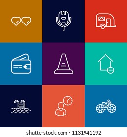 Modern, simple vector icon set on colorful flat backgrounds with swimming, water, home, finance, concept, blue, modern, sunglasses, fashion, transportation, voice, step, wallet, hour, ladder, up icons