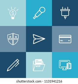 Modern, simple vector icon set on colorful blue backgrounds with shopping, hand, voice, banking, concept, pencil, message, security, communication, card, credit, sound, idea, email, karaoke, web icons