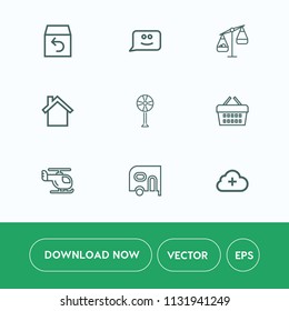 Modern, simple vector icon set on white background with smile, fan, package, sky, happy, shipment, internet, measure, face, telephone, weight, sale, van, delivery, market, emotion, helicopter icons