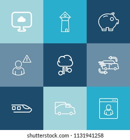Modern, simple vector icon set on colorful blue backgrounds with tower, social, concept, tourism, van, economy, profile, train, cash, technology, cloud, connection, landmark, bank, male, travel icons