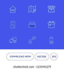 Modern, simple vector icon set on blue background with real, geography, white, architecture, person, construction, travel, earth, bill, money, home, room, vehicle, holiday, double, call, bed icons