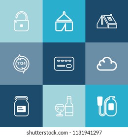 Modern, simple vector icon set on colorful blue backgrounds with security, container, drink, emergency, danger, nature, window, cloud, support, travel, tourism, operator, camp, bank, equipment icons