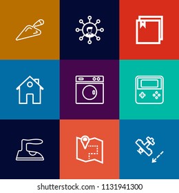 Modern, simple vector icon set on colorful flat backgrounds with iron, file, ironing, folder, pin, property, laundry, home, hammer, estate, flight, document, tool, real, equipment, technology icons