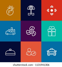Modern, simple vector icon set on colorful flat backgrounds with present, truck, electric, fan, beach, web, box, vehicle, transport, air, lorry, holiday, car, arrow, travel, trip, celsius, scale icons