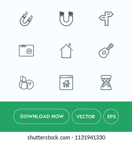 Modern, simple vector icon set on white background with bowling, pole, empty, sign, sport, blank, music, choice, estate, online, paper, ball, home, building, guitar, direction, house, sand, open icons