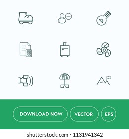 Modern, simple vector icon set on white background with user, music, sport, ventilator, finance, home, park, travel, instrument, fun, umbrella, air, sign, beautiful, musical, electric, money icons