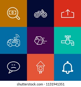Modern, simple vector icon set on colorful flat backgrounds with vehicle, bird, transportation, travel, house, cycle, find, alert, wheel, ride, message, pedal, satellite, sport, download, faucet icons