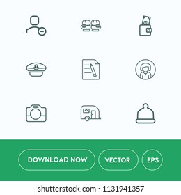 Modern, simple vector icon set on white background with paper, wallet, sport, film, document, training, woman, handle, sailor, fight, glove, web, captain, money, camera, purse, navy, lady, user icons