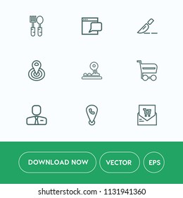 Modern, simple vector icon set on white background with cycle, message, radius, button, supermarket, map, chat, point, online, technology, bill, arrow, meal, trolley, receipt, table, location icons