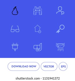 Modern, simple vector icon set on blue background with power, transportation, house, computer, post, search, quad, organic, removal, mail, ripe, eye, electricity, healthy, fresh, dirt, white icons