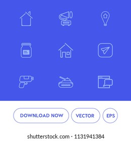 Modern, simple vector icon set on blue background with gramophone, can, aluminum, vintage, pin, retro, tin, property, record, packaging, war, real, travel, vinyl, home, army, website, container icons