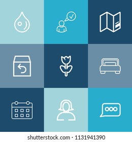 Modern, simple vector icon set on colorful blue backgrounds with woman, world, profile, sign, blue, transparent, liquid, young, order, timetable, double, rain, box, girl, complete, face, bedroom icons