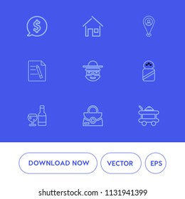 Modern, simple vector icon set on blue background with white, wine, building, travel, glass, price, bed, document, location, object, business, leather, map, real, architecture, pin, drink, salt icons