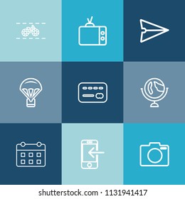 Modern, simple vector icon set on colorful blue backgrounds with day, lens, phone, bike, email, extreme, video, pedal, global, planet, calendar, bank, bicycle, transport, sky, wheel, television icons