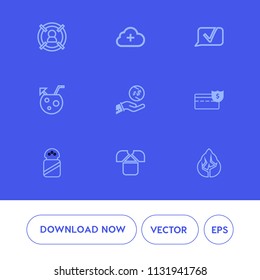 Modern, simple vector icon set on blue background with tree, coin, group, target, add, money, ingredient, nature, targeting, bank, marketing, talk, salt, summer, juice, forest, management, food icons