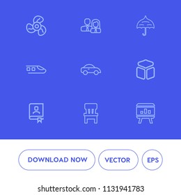 Modern, simple vector icon set on blue background with white, staff, taxi, business, room, cooling, chart, fan, ventilator, home, umbrella, interior, wind, address, work, rain, parasol, book icons