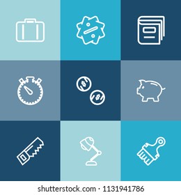 Modern, simple vector icon set on colorful blue backgrounds with sale, brush, education, currency, bank, light, investment, travel, clock, bag, airport, journey, textbook, paintbrush, coin, saw icons