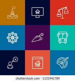 Modern, simple vector icon set on colorful flat backgrounds with speed, scale, computer, transport, internet, tower, property, wheel, construction, estate, fairytale, palace, ship, old, business icons