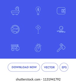Modern, simple vector icon set on blue background with help, dumper, ventilator, house, sink, fahrenheit, finance, vehicle, operator, nature, air, electric, pin, cash, dump, truck, thermometer icons